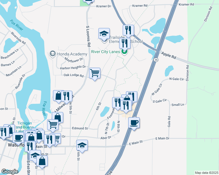 map of restaurants, bars, coffee shops, grocery stores, and more near 520 Foxmead Crossings in Waterford