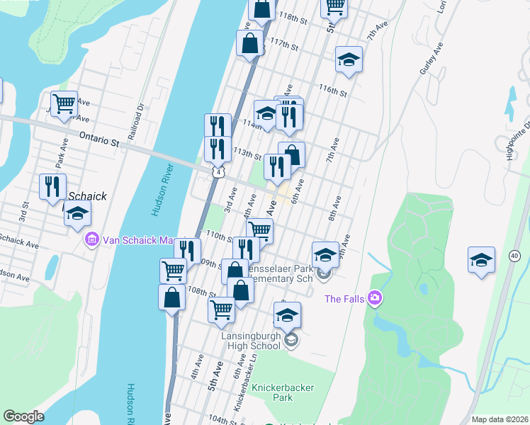 map of restaurants, bars, coffee shops, grocery stores, and more near 454 5th Avenue in Troy