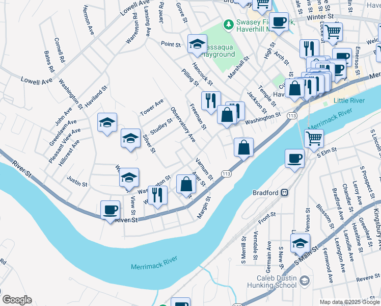 map of restaurants, bars, coffee shops, grocery stores, and more near 1 Marion Street in Haverhill