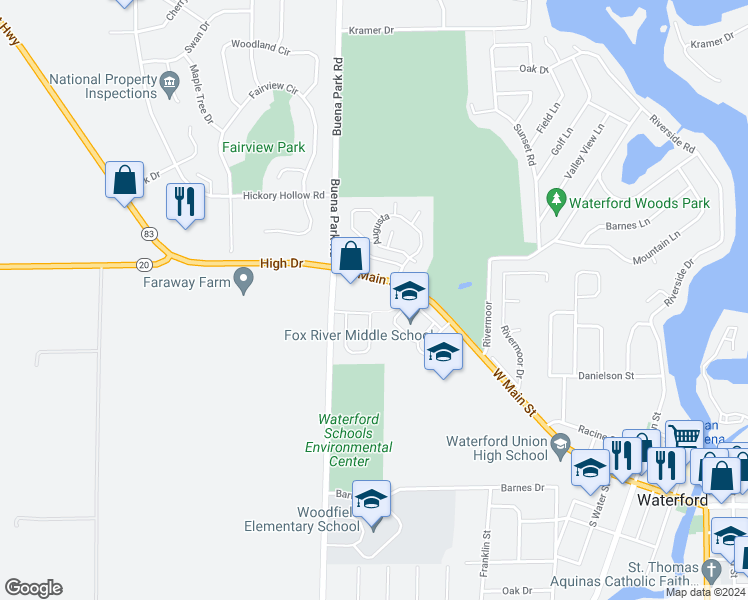 map of restaurants, bars, coffee shops, grocery stores, and more near 824 Woodfield Drive in Waterford