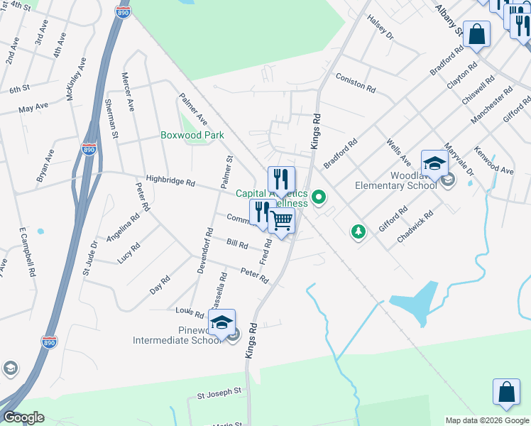 map of restaurants, bars, coffee shops, grocery stores, and more near 1761 Sherwood Road in Schenectady