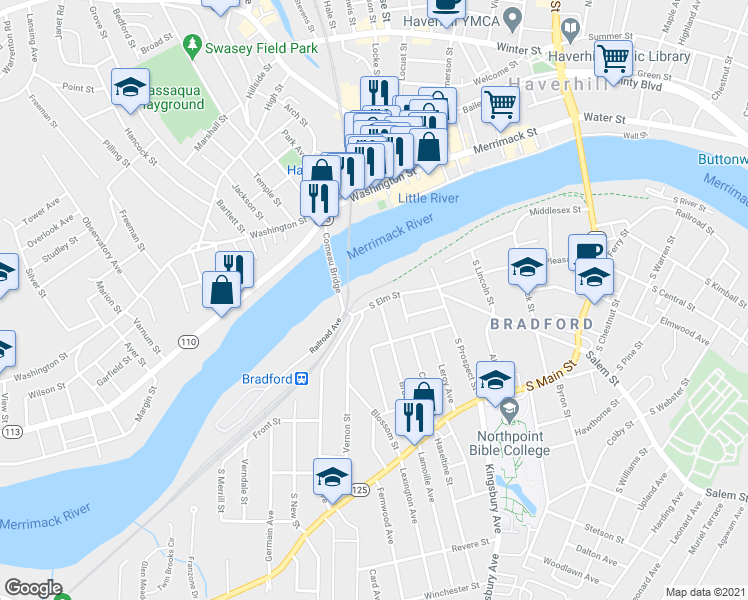 map of restaurants, bars, coffee shops, grocery stores, and more near 173 South Elm Street in Haverhill