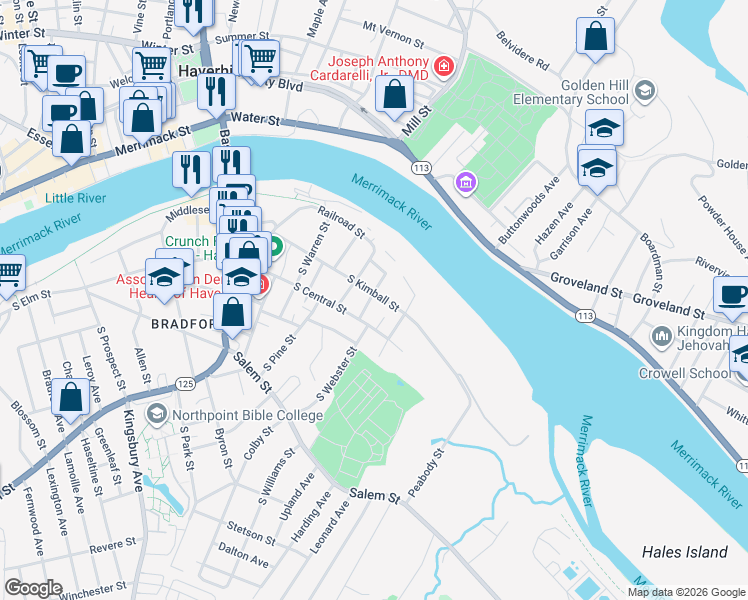 map of restaurants, bars, coffee shops, grocery stores, and more near 2 Pond Street in Haverhill
