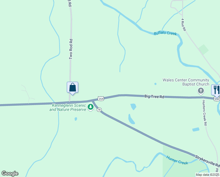 map of restaurants, bars, coffee shops, grocery stores, and more near 11736 Big Tree Road in East Aurora