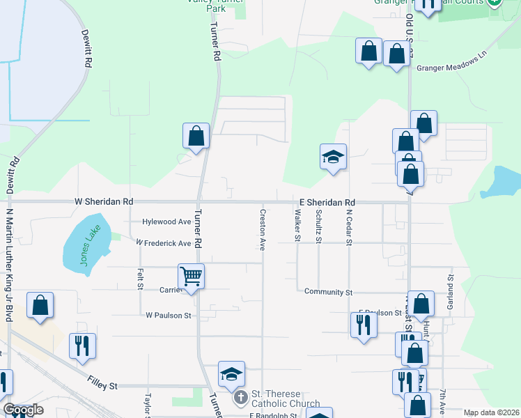 map of restaurants, bars, coffee shops, grocery stores, and more near 3517 Creston Avenue in Lansing