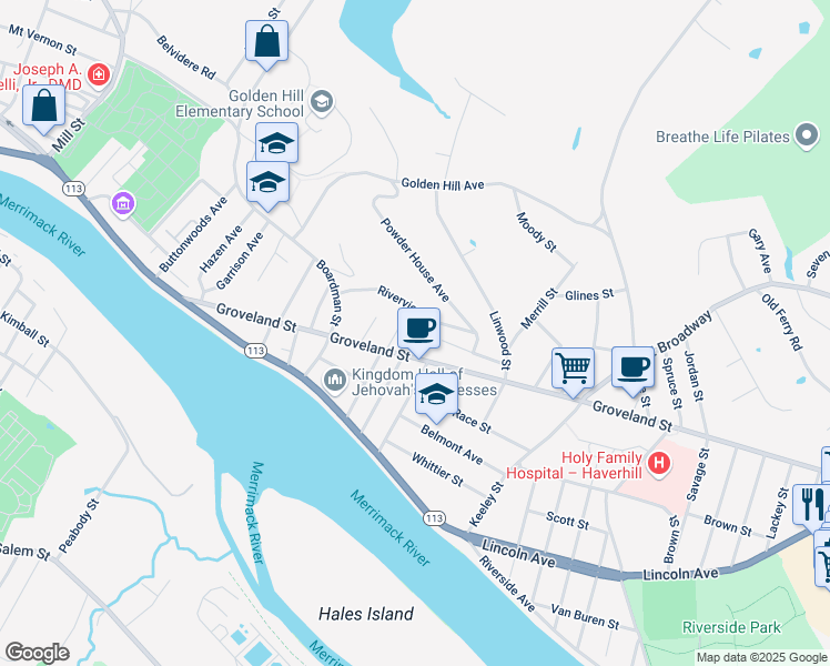 map of restaurants, bars, coffee shops, grocery stores, and more near 19 Claremont Avenue in Haverhill