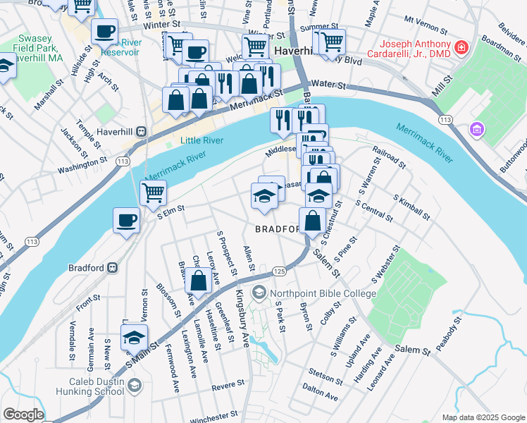 map of restaurants, bars, coffee shops, grocery stores, and more near 64 Chadwick Street in Haverhill