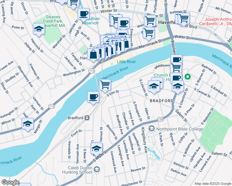 map of restaurants, bars, coffee shops, grocery stores, and more near 173 South Elm Street in Haverhill