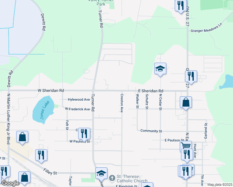 map of restaurants, bars, coffee shops, grocery stores, and more near 3517 Creston Avenue in Lansing