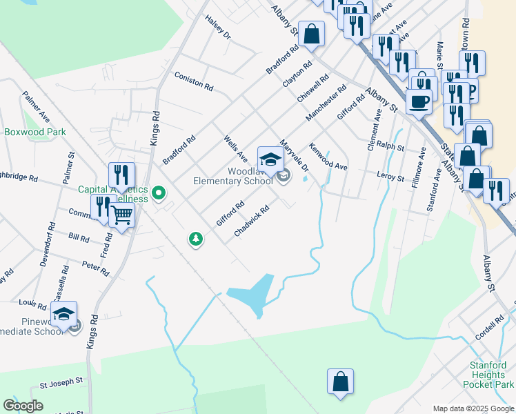 map of restaurants, bars, coffee shops, grocery stores, and more near 467 Chadwick Road in Schenectady