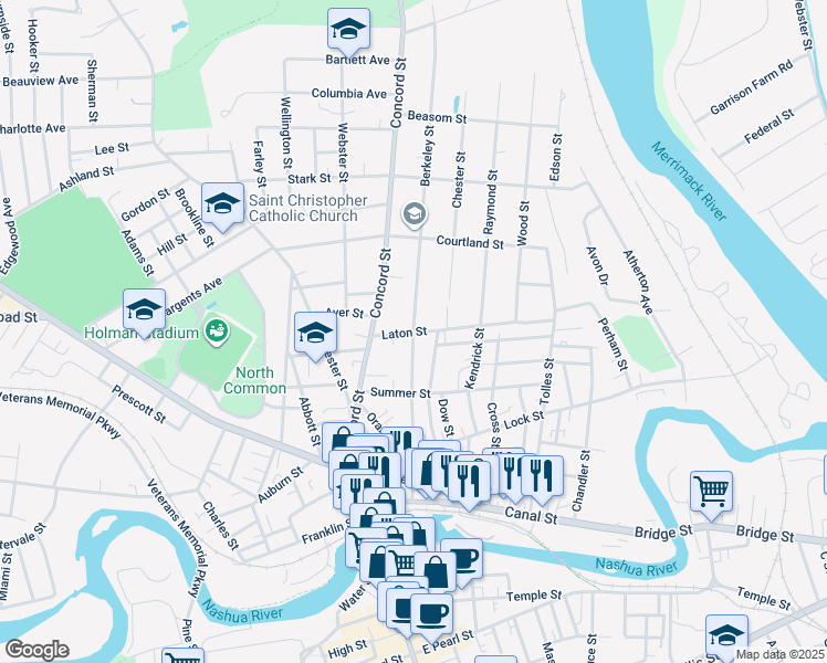 map of restaurants, bars, coffee shops, grocery stores, and more near 1 Berkeley Street in Nashua