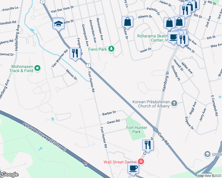 map of restaurants, bars, coffee shops, grocery stores, and more near 2370 Curry Road in Schenectady