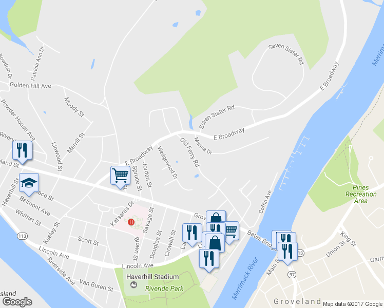 map of restaurants, bars, coffee shops, grocery stores, and more near 38 Old Ferry Road in Haverhill