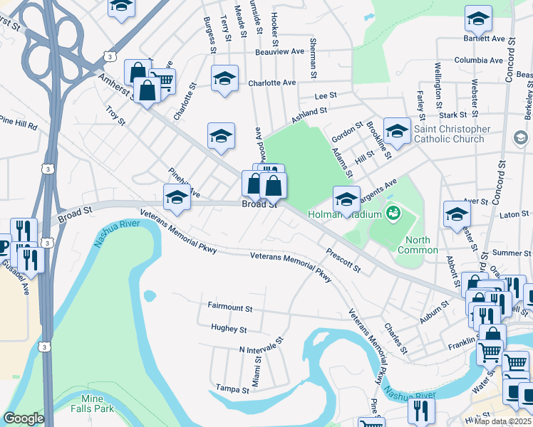 map of restaurants, bars, coffee shops, grocery stores, and more near 4 Jones Court in Nashua