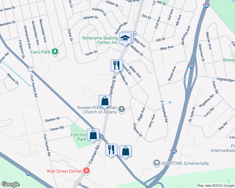 map of restaurants, bars, coffee shops, grocery stores, and more near 2945 Hamburg Street in Schenectady