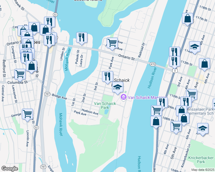 map of restaurants, bars, coffee shops, grocery stores, and more near 175 Park Avenue in Cohoes