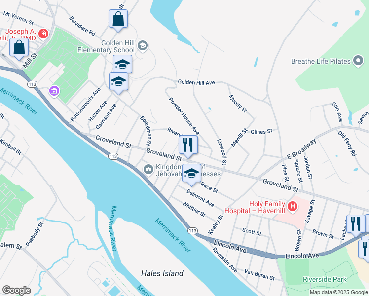 map of restaurants, bars, coffee shops, grocery stores, and more near 19 Claremont Avenue in Haverhill
