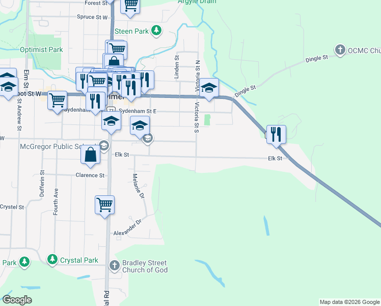 map of restaurants, bars, coffee shops, grocery stores, and more near 107 Elk Street in Aylmer