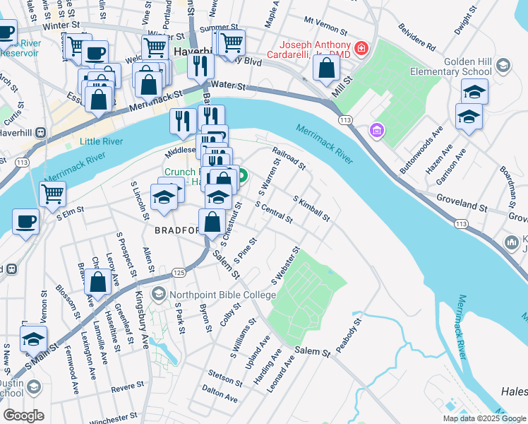 map of restaurants, bars, coffee shops, grocery stores, and more near 33 South Central Street in Haverhill