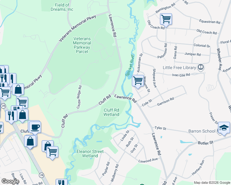 map of restaurants, bars, coffee shops, grocery stores, and more near 115 Lawrence Road in Salem