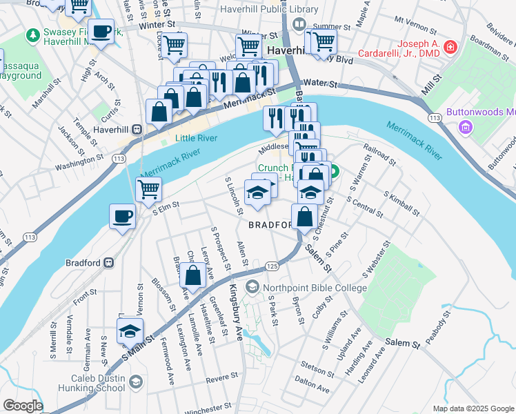 map of restaurants, bars, coffee shops, grocery stores, and more near 64 Chadwick Street in Haverhill