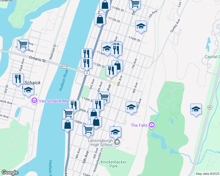 map of restaurants, bars, coffee shops, grocery stores, and more near 454 5th Avenue in Troy