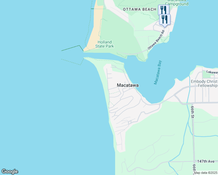 map of restaurants, bars, coffee shops, grocery stores, and more near 707 Lakeside Drive in Macatawa
