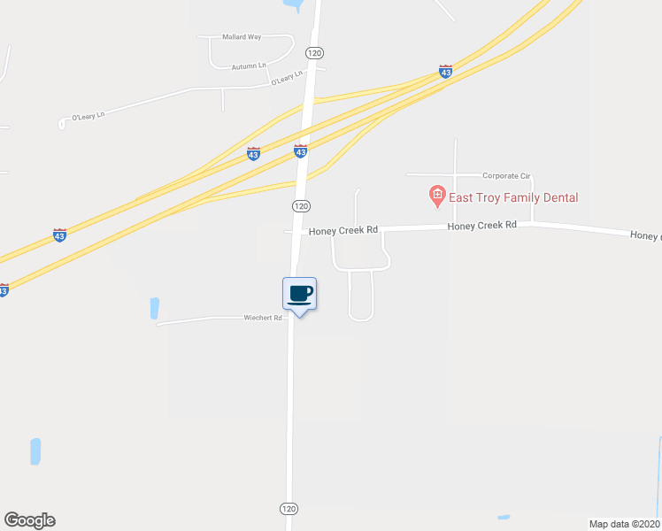 map of restaurants, bars, coffee shops, grocery stores, and more near 2574 Honey Creek Court in East Troy