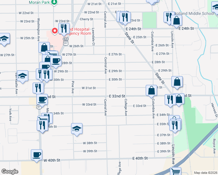 map of restaurants, bars, coffee shops, grocery stores, and more near 751 Central Avenue in Holland