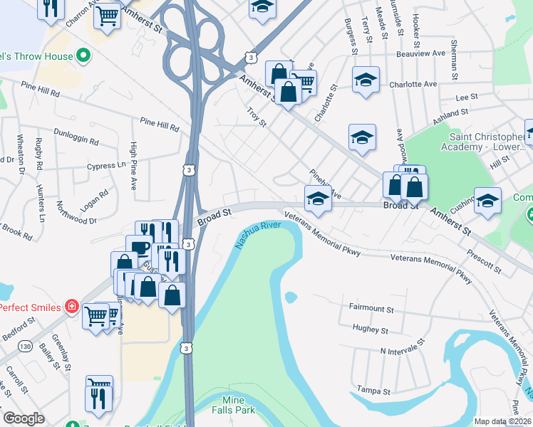 map of restaurants, bars, coffee shops, grocery stores, and more near 44 Broad Street in Nashua