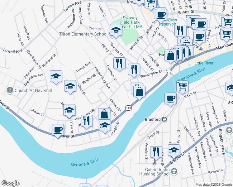 map of restaurants, bars, coffee shops, grocery stores, and more near 433 Washington Street in Haverhill