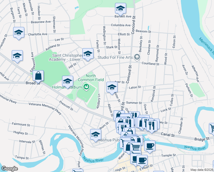 map of restaurants, bars, coffee shops, grocery stores, and more near 5 Blue Hill Avenue in Nashua