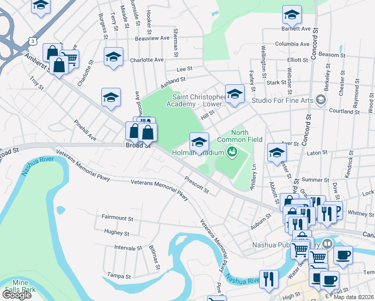 map of restaurants, bars, coffee shops, grocery stores, and more near 5 Rogers Street in Nashua