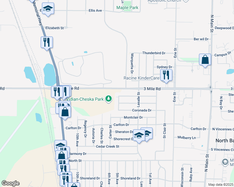 map of restaurants, bars, coffee shops, grocery stores, and more near 1140 Berkeley Drive in Racine