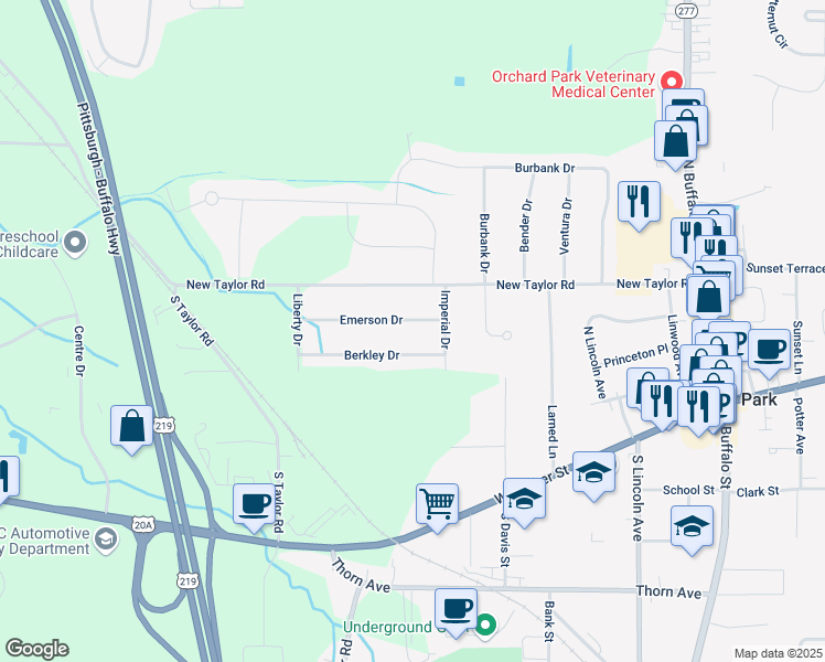 map of restaurants, bars, coffee shops, grocery stores, and more near 6143 Emerson Dr in Orchard Park