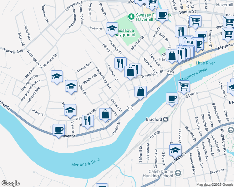 map of restaurants, bars, coffee shops, grocery stores, and more near 426 Washington Street in Haverhill