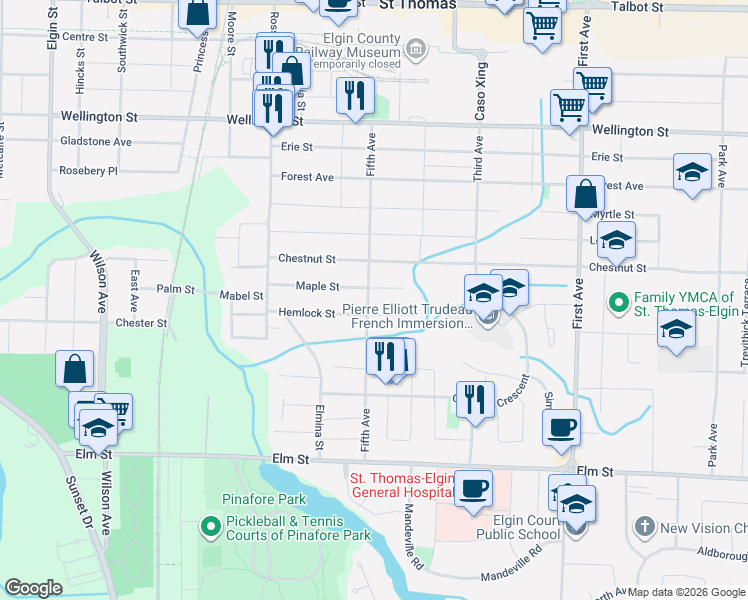map of restaurants, bars, coffee shops, grocery stores, and more near 96 Fifth Avenue in St. Thomas