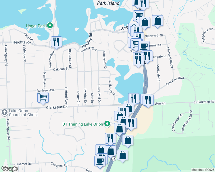 map of restaurants, bars, coffee shops, grocery stores, and more near 860 Buckhorn Drive in Lake Orion