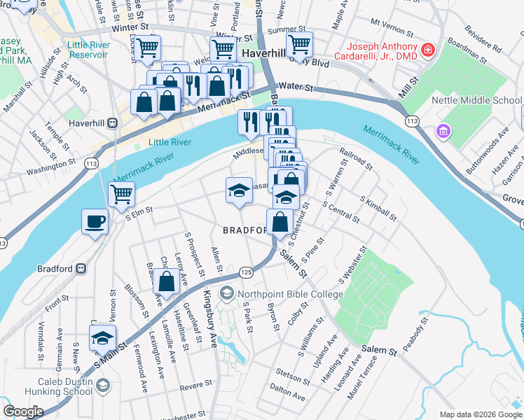 map of restaurants, bars, coffee shops, grocery stores, and more near 6 Carleton Avenue in Haverhill