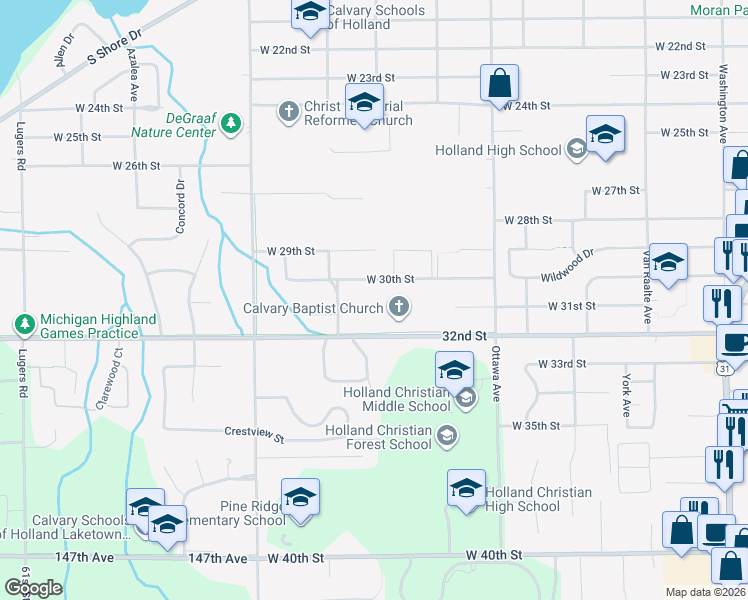 map of restaurants, bars, coffee shops, grocery stores, and more near 549 31st Street in Holland