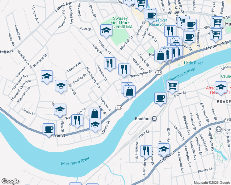 map of restaurants, bars, coffee shops, grocery stores, and more near 9 Ford Street in Haverhill