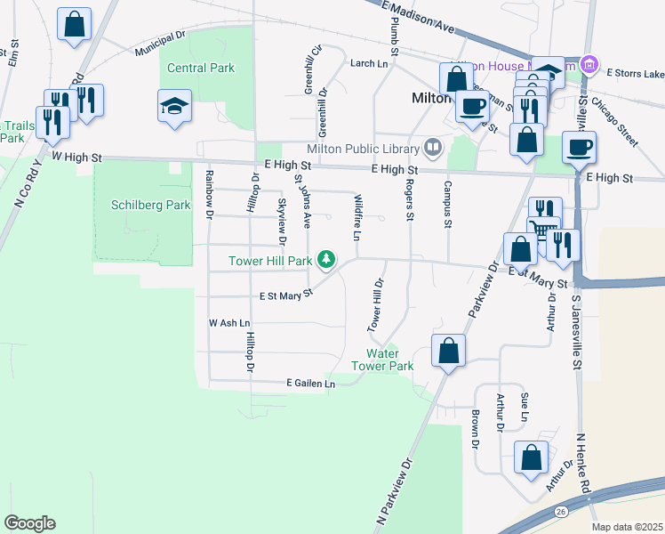 map of restaurants, bars, coffee shops, grocery stores, and more near 190 East Saint Mary Street in Milton