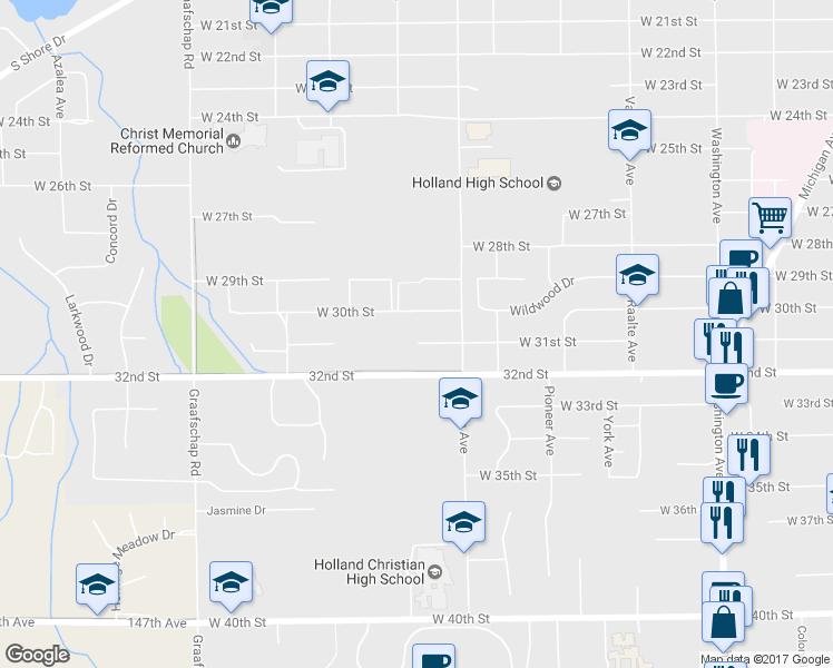 map of restaurants, bars, coffee shops, grocery stores, and more near 463 31st Street in Holland