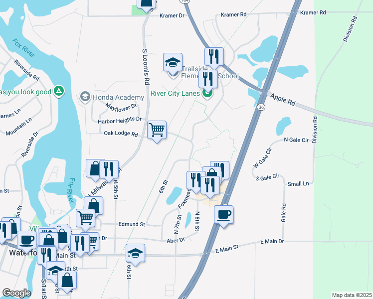 map of restaurants, bars, coffee shops, grocery stores, and more near 514 Foxmead Drive in Waterford
