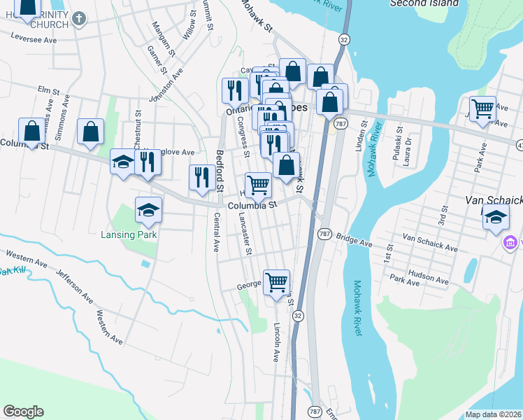 map of restaurants, bars, coffee shops, grocery stores, and more near 60 Columbia Street in Cohoes