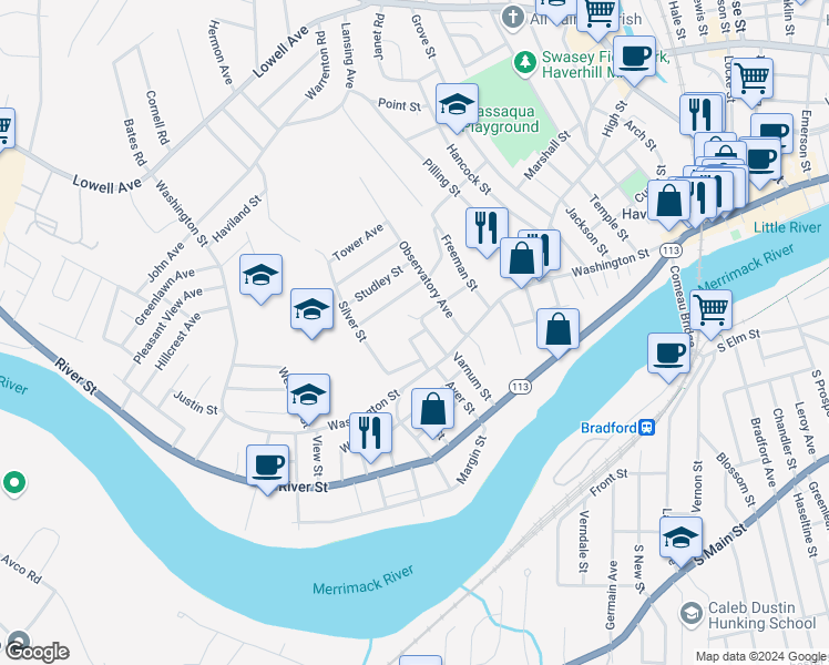 map of restaurants, bars, coffee shops, grocery stores, and more near 5 Marble Street in Haverhill