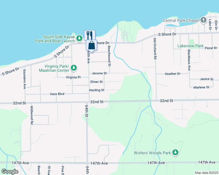 map of restaurants, bars, coffee shops, grocery stores, and more near 1565 Harding Street in Holland