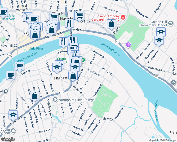 map of restaurants, bars, coffee shops, grocery stores, and more near 33 South Central Street in Haverhill