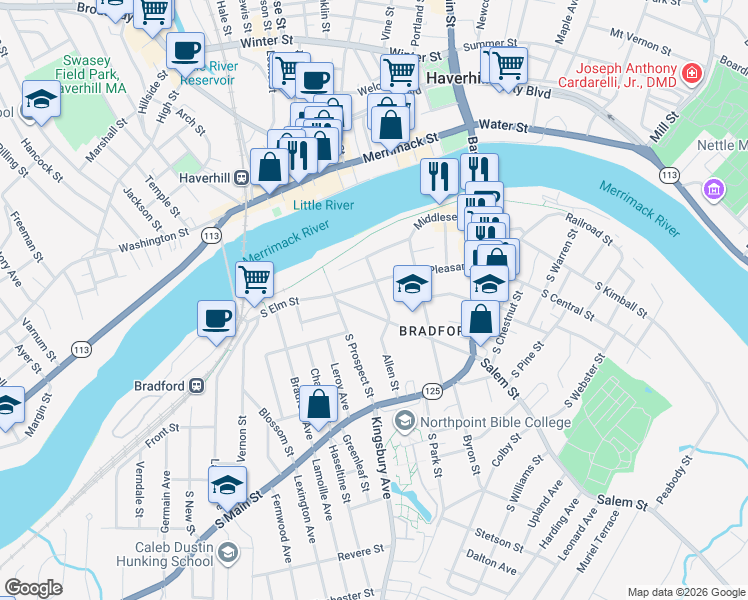 map of restaurants, bars, coffee shops, grocery stores, and more near 14 South Lincoln Street in Haverhill