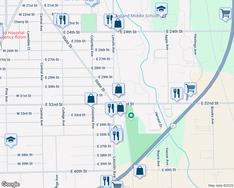 map of restaurants, bars, coffee shops, grocery stores, and more near 745 Lincoln Avenue in Holland